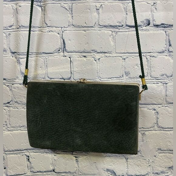 Sorpresa! Vintage Dark Green Suede Leather Evening Clutch Frame Clasp Purse - Picture 1 of 15
